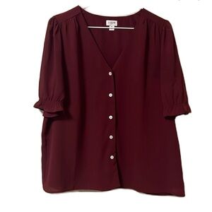 Women’s J. Crew, V-Neckline, Button Down, Short Sleeve Top, Burgundy Color, Med